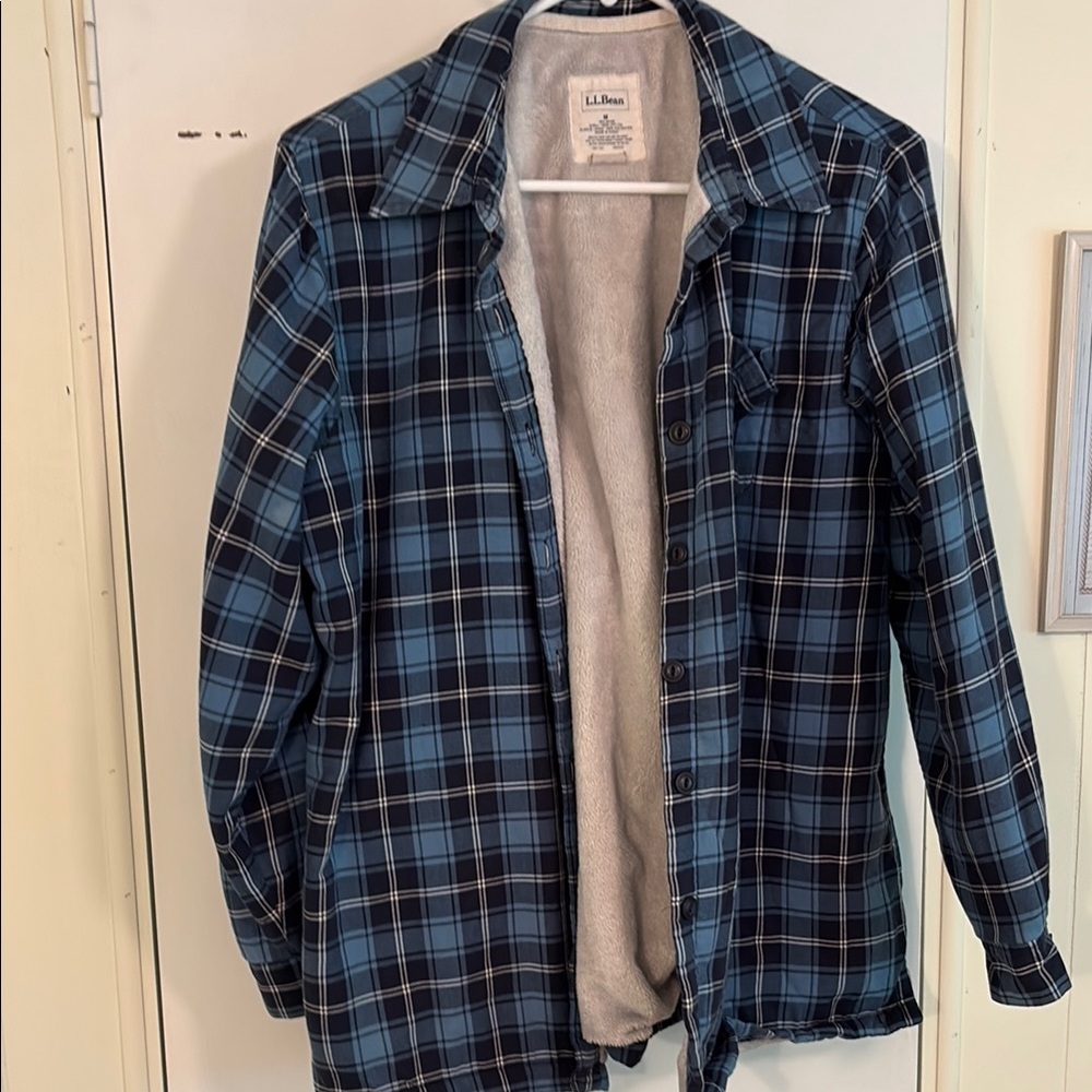L.L. Bean Blue Lightweight Shirt Jacket with Sherpa Lining